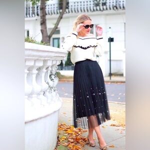Eva Franco for Anthropologie Pearl Tulle Midi Pleated Skirt black sheer elastic
